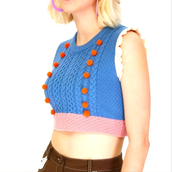 Cider Tops - Cider Crop Sweater Vest Ruffle Pom Pom Cable Knit BOHO Blue Pink Orange LG NWT